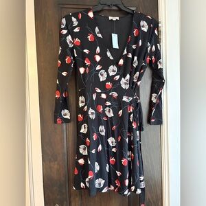 LOFT Black and Red Floral Long Sleeve Wrap Dress
